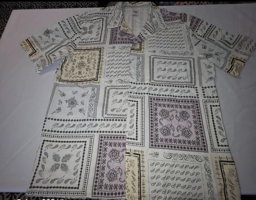 Zara Shirt Mens XL Paisley Patchwork Off‎ White Yellow Pink Green Short Sleeves